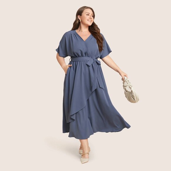 BloomChic Dresses & Skirts - NWT BloomChic StonePlain Dolman Sleeve Pocket Belted Surplice Neck Flutter Dress
